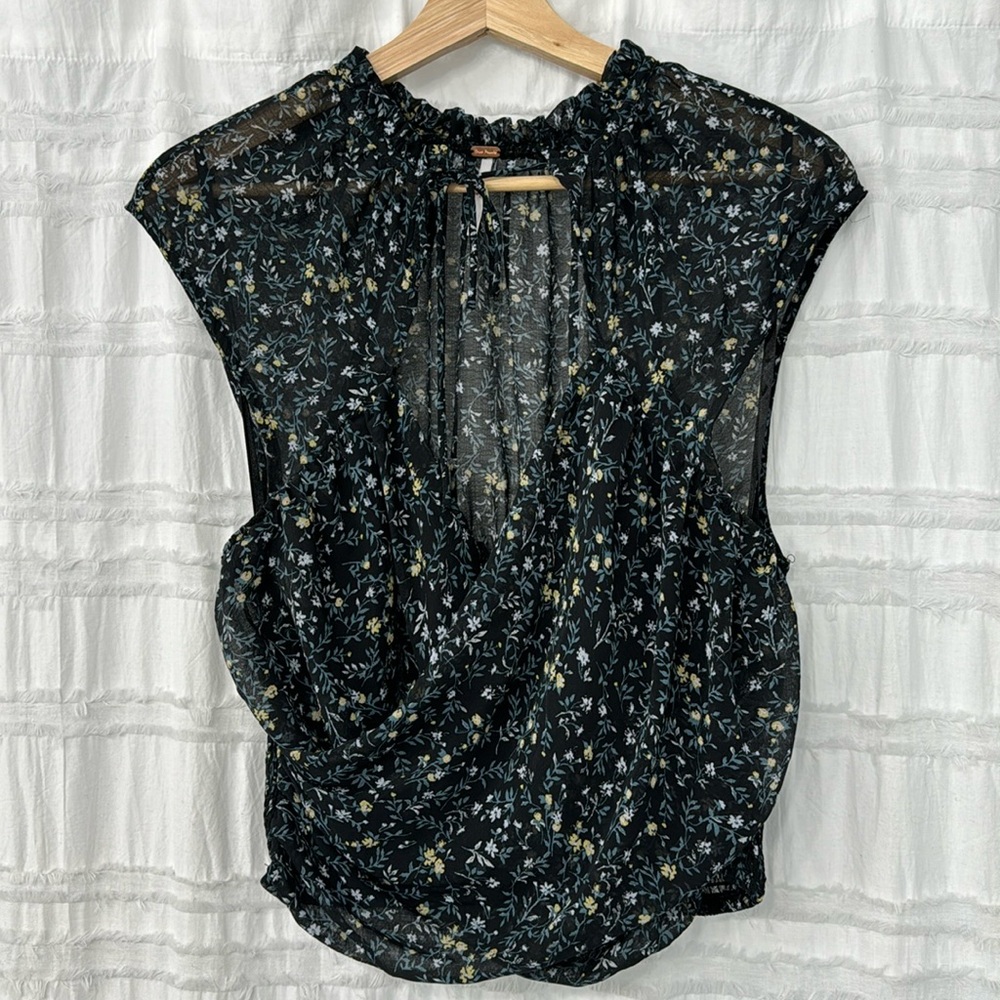 FREE PEOPLE BLACK FLORAL MA CHERIE CHIFFON TOP - Picture 2 of 6